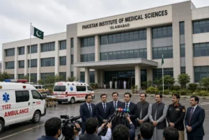 Officials and media gather outside Pakistan Institute of Medical Sciences in Islamabad after PIMS fire compensation announcement for infant victims