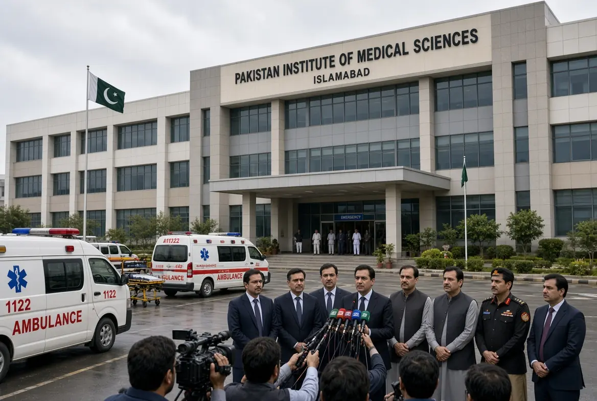 Officials and media gather outside Pakistan Institute of Medical Sciences in Islamabad after PIMS fire compensation announcement for infant victims