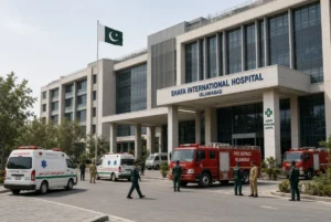 Ambulances and fire service vehicles outside hospital during emergency response related to Pims fire in Islamabad