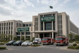 Official vehicles and rescue trucks parked outside Pakistan Institute of Medical Sciences following the PIMS fire report on the nursery tragedy