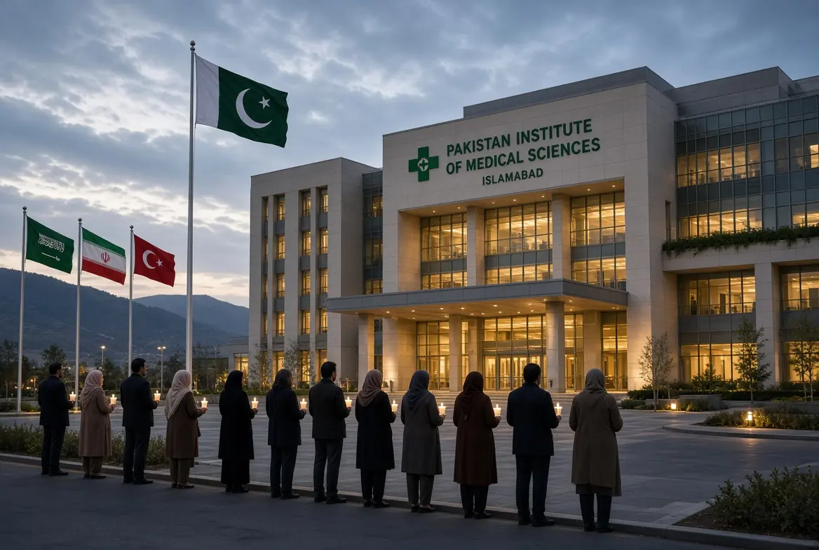 People holding candles in quiet solidarity outside Pakistan Institute of Medical Sciences after the PIMS fire tragedy with Saudi Arabia Iran and Turkey flags