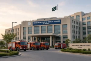 Fire brigade vehicles parked outside Pakistan Institute of Medical Sciences after the PIMS nursery fire in Islamabad