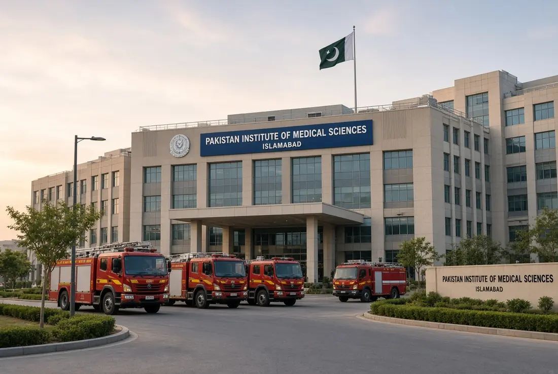 Fire brigade vehicles parked outside Pakistan Institute of Medical Sciences after the PIMS nursery fire in Islamabad