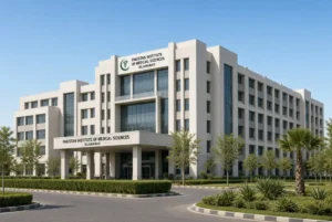 Modern exterior view of the Pakistan Institute of Medical Sciences building in Islamabad related to the Pims nursery fire