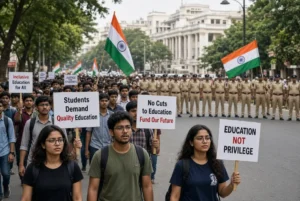 Student protesters holding placards demand quality education while police stand in line during India demonstration linked to police excessive force report