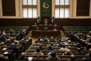 High-quality realistic view of Pakistan National Assembly interior during a tense parliamentary session where PPP stalls NA business with politicians debating on green benches