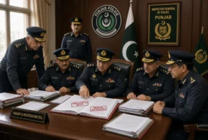 Senior Punjab Police officers in uniform examining audit reports and documents during PTC embezzlement inquiry with financial irregularities stamps visible on the table