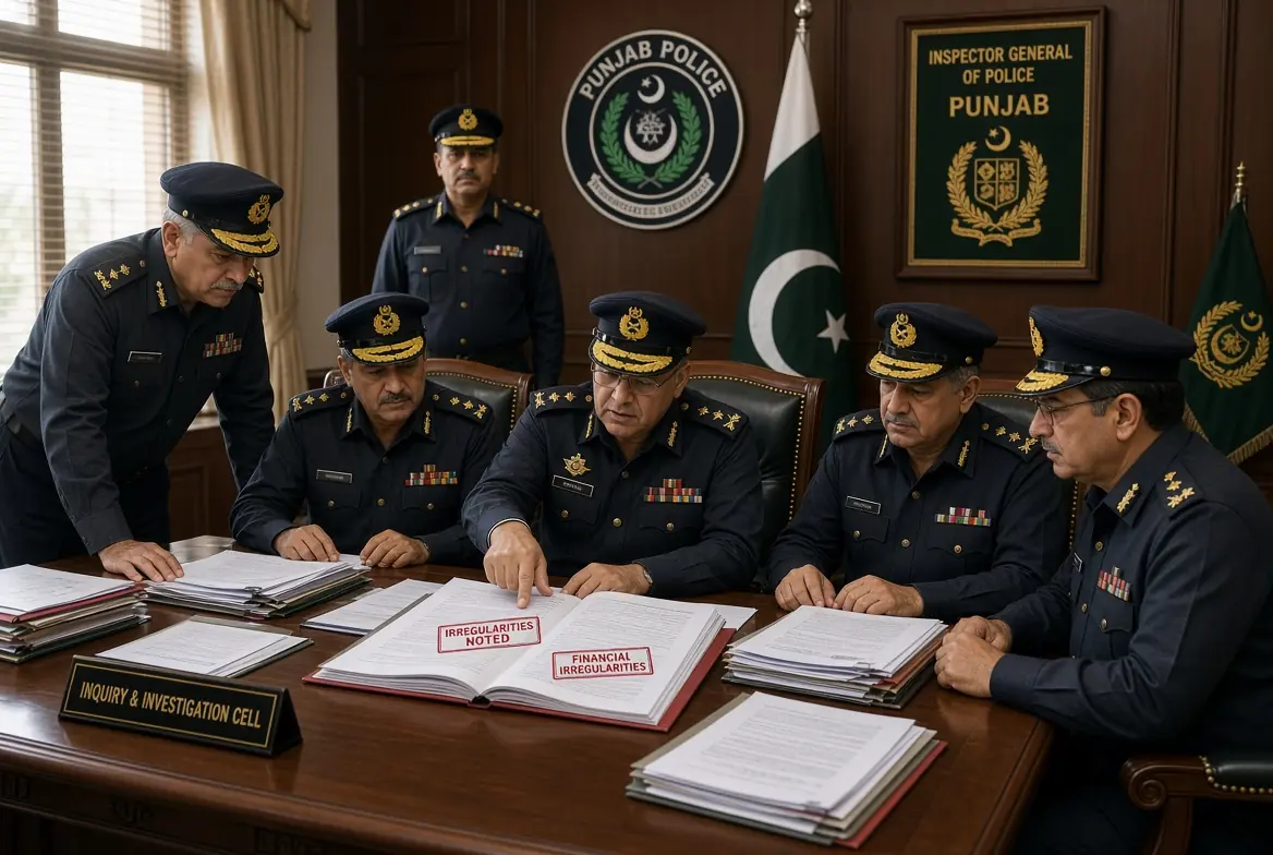 Senior Punjab Police officers in uniform examining audit reports and documents during PTC embezzlement inquiry with financial irregularities stamps visible on the table