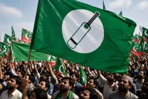 Large green PTI flag with bat symbol waving at a crowded political rally amid ongoing PTI deal talks rumours