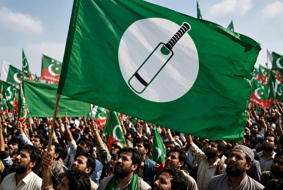 Large green PTI flag with bat symbol waving at a crowded political rally amid ongoing PTI deal talks rumours