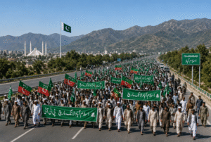 Thousands of supporters holding green flags and banners march on highway towards Islamabad during PTI long march