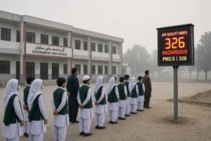 Students in uniforms and face masks standing in school courtyard looking at Air Quality Index board showing hazardous 326 level during Punjab schools smog restrictions