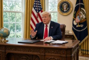 US President Donald Trump speaks at the Resolute Desk in the Oval Office about Putin Nato, gesturing with American flags and presidential seal visible behind him.