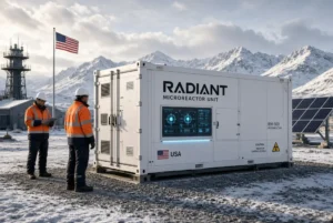 Radiant Microreactors containerised unit deployed in snowy Arctic terrain with engineers inspecting the system for military power supply