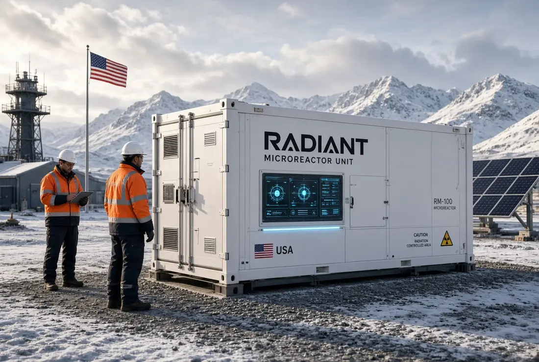 Radiant Microreactors containerised unit deployed in snowy Arctic terrain with engineers inspecting the system for military power supply