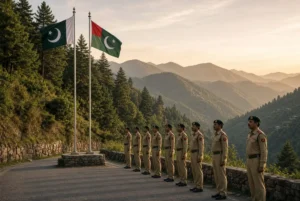 Pakistani Rangers personnel standing in solemn line near mountain road with national and AJK flags after Rangers martyred AJK incident