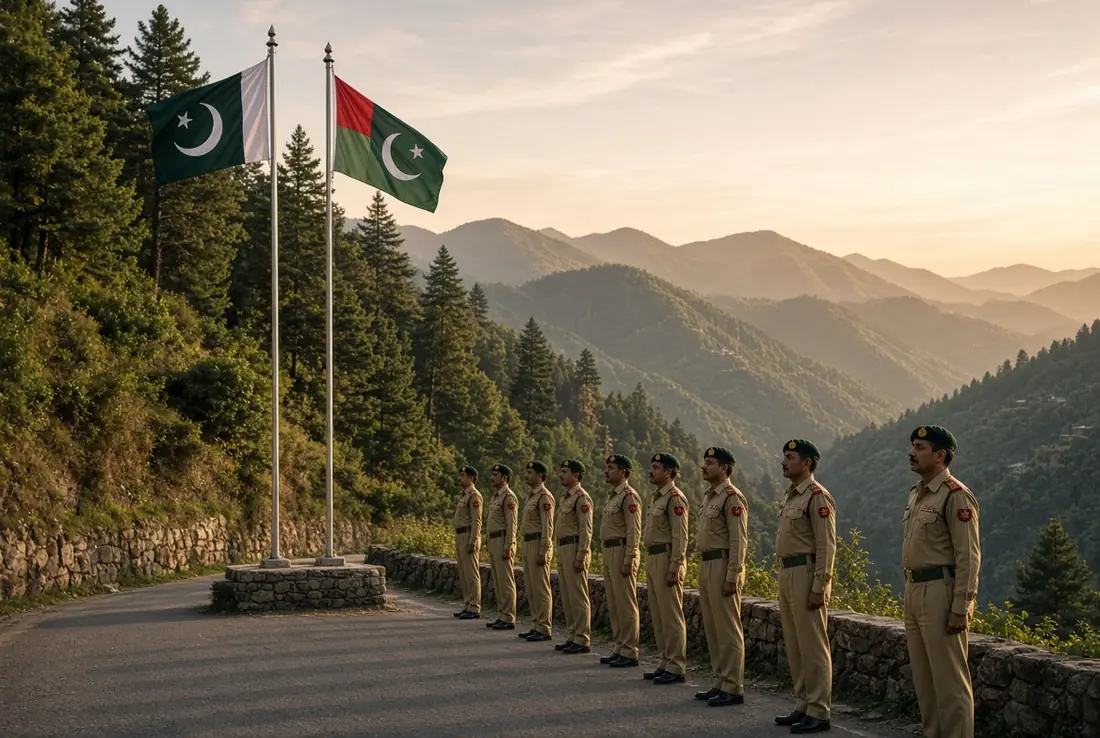 Pakistani Rangers personnel standing in solemn line near mountain road with national and AJK flags after Rangers martyred AJK incident