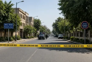 Police crime scene tape on Mall Road after Rawalpindi firing incident involving security forces