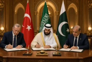 Turkish President Erdogan, Saudi Crown Prince Mohammed bin Salman and Pakistan Prime Minister Shehbaz Sharif signing the regional defence pact agreement in Makkah