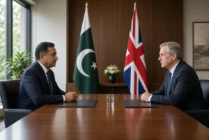 Formal diplomatic meeting between Pakistani and British officials discussing the Rochdale rapist deportation with Pakistan and UK flags in the background