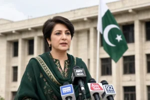 Sherry Rehman PPP addressing media with microphones and Pakistani flag in the background
