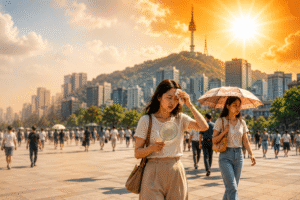 People walking under extreme heat during the South Korea heatwave as record temperatures reach 42.5°C.