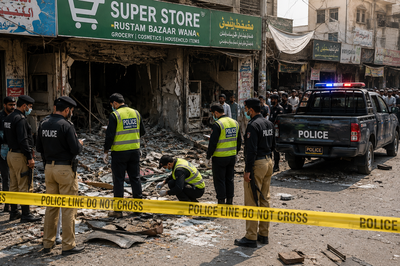 Police and forensic investigators examine the scene of the South Waziristan blast at Rustam Bazaar in Wana after the explosion that killed Mufti Jana Mir.
