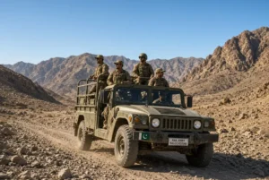 Pakistan Army soldiers on military vehicle in Balochistan mountains during operation after Surab terrorists killed in premature blast
