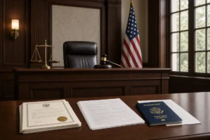 US courtroom with judge gavel, American flag, scales of justice and passport documents symbolizing immigrant visa suspension legal ruling