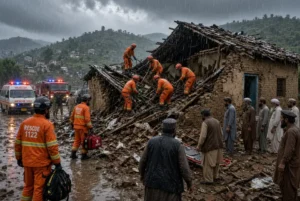 Swabi roof collapse rescue by 1122 teams clearing debris after torrential rainfall in Topi tehsil