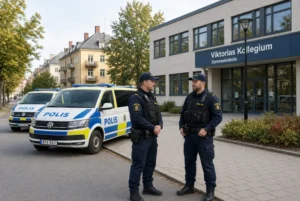 Swedish police officers outside a high school following the Sweden school attack in Fagersta