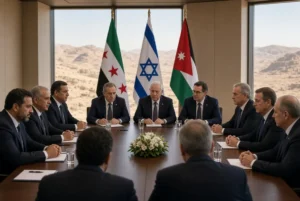Syria Israel Talks showing diplomats from Syria and Israel seated at a conference table with US mediation and flags of Syria, Israel and Jordan in the background