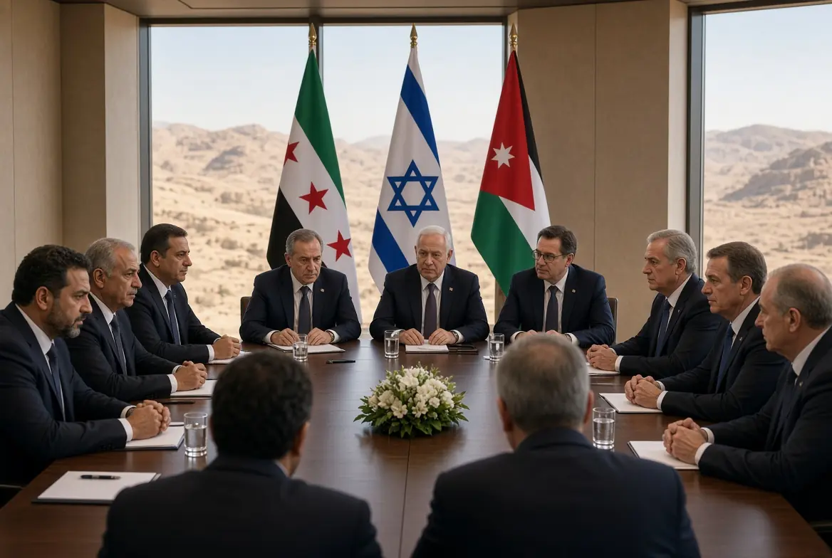 Syria Israel Talks showing diplomats from Syria and Israel seated at a conference table with US mediation and flags of Syria, Israel and Jordan in the background
