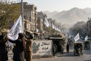 Afghan men installing white Taliban flags along a busy road in Kabul during Taliban five years anniversary celebrations with mountains and checkpoints in the background