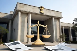 Golden scales of justice standing in front of an Indian high court building with newspapers on the ground illustrating the Tarun Tejpal case