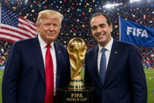 Donald Trump and Gianni Infantino standing with the FIFA World Cup trophy in a packed stadium during the trophy presentation – Trump Infantino FIFA