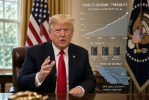 US President Donald Trump discussing Trump Iran sanctions with inflation charts oil impact icons and Strait of Hormuz map showing economic pressure on Iran