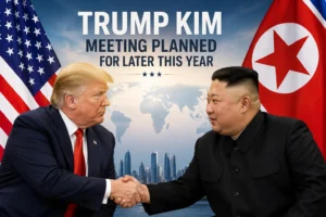 Trump Kim meeting planned later this year with US and North Korean flags