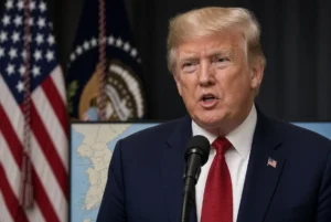Donald Trump speaking about reducing Trump Korea drills with South Korea, American flags and Korean peninsula map in background