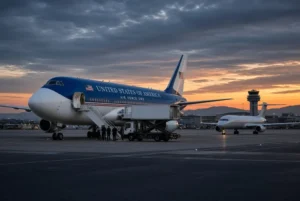 Air Force One and catering truck during Trump missile threat secret plane switch in Turkiye at dusk