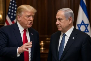 US President Donald Trump and Israeli Prime Minister Benjamin Netanyahu discussing Trump Netanyahu Gaza relations in a formal meeting with American and Israeli flags in the background