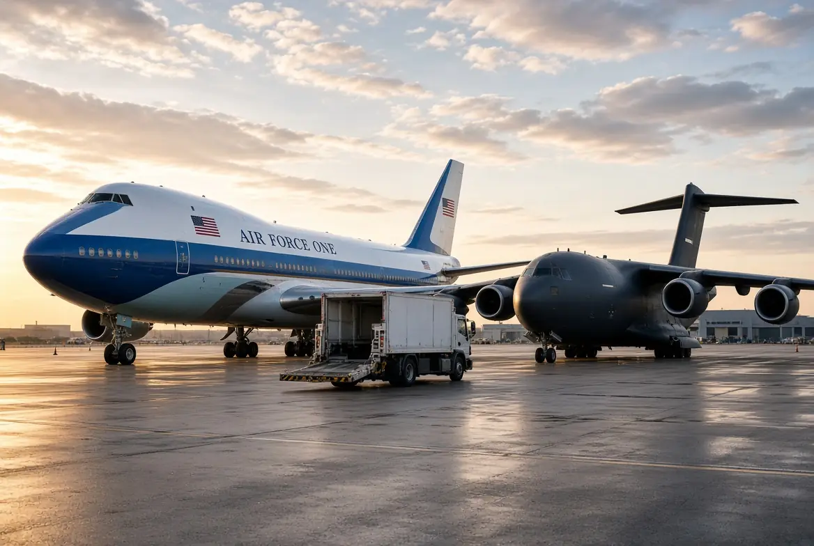 Trump plane switch showing Air Force One and military aircraft connected by catering truck during secret transfer at airport