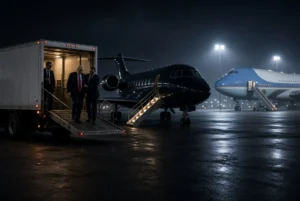 Trump secret flight showing president being escorted from airport catering truck to smaller military plane at night with Air Force One decoy in background