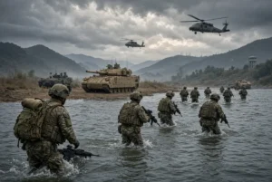 US and South Korean soldiers conducting river-crossing exercises with tanks and helicopters during joint military drills related to Trump war games decision near the DMZ