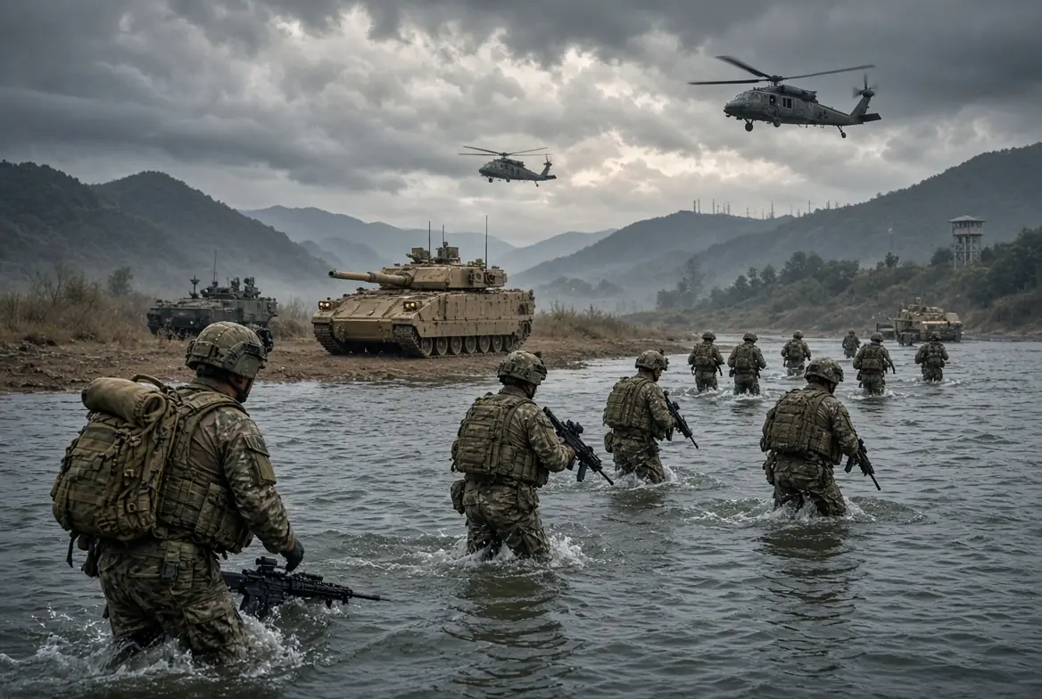 US and South Korean soldiers conducting river-crossing exercises with tanks and helicopters during joint military drills related to Trump war games decision near the DMZ