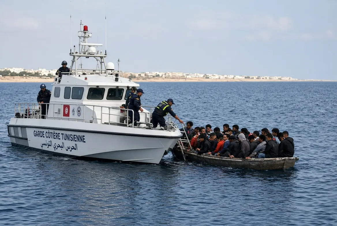 Tunisian coast guard boat rescuing migrants from a small vessel during the Tunisia boat disaster in the Mediterranean Sea