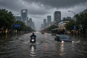 Person riding a scooter through a flooded multi-lane road in Beijing during Typhoon Dolphin China with submerged cars, bus and heavy rainfall under dark stormy sky