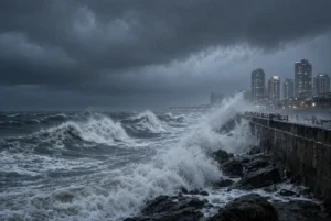 Massive waves crashing against the seawall during Typhoon Dolphin on the coast of Zhejiang China under dark stormy skies with city skyline