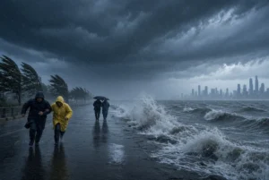 People in yellow and blue raincoats struggle against strong winds and heavy rain on a wet coastal road during Typhoon Dolphin landfall, with crashing waves and a distant Chinese city skyline under dark stormy clouds