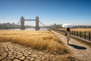 Woman holding a white umbrella walking near Tower Bridge during a severe UK heatwave with cracked dry soil and golden wheat fields under bright sun